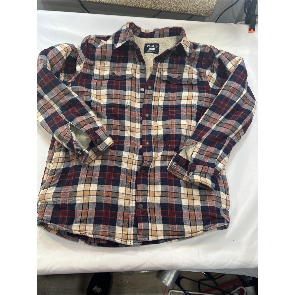 Children's Place Button Up Sherpa Sz XXL 16 Maroon Plaid Pockets Long Sleevewarm